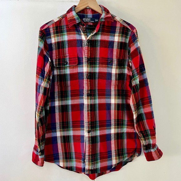VTG Polo Ralph Lauren Men's M Red Plaid Heavy Flannel Shirt Work Skiing Hiking - Picture 1 of 12